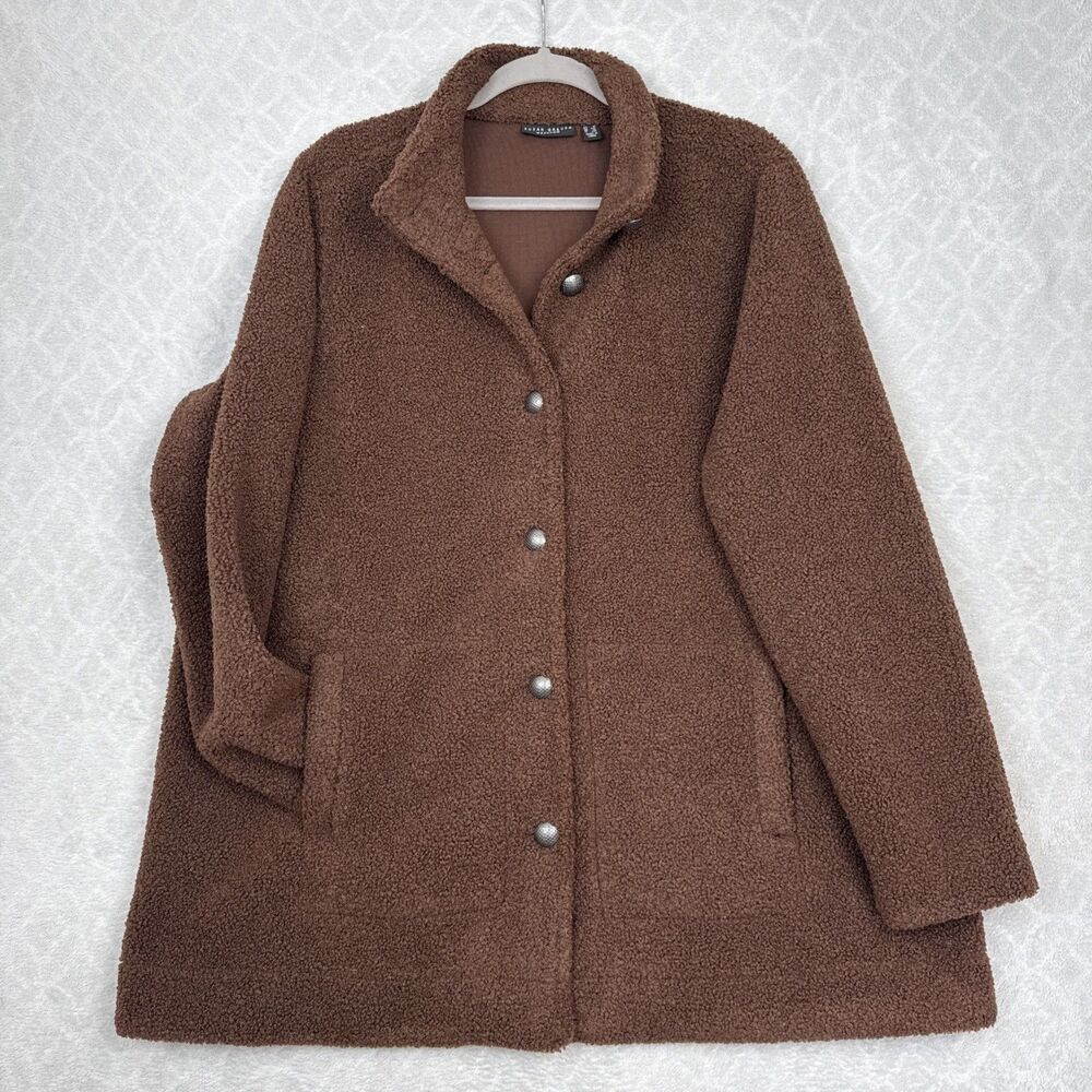 Susan Graver Knit Boucle Button-Front Jacket Womens 1X Brown Sherpa Teddy Cozy